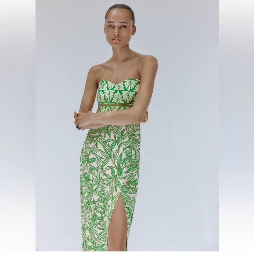 Zara Green and White Strapless Dress